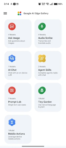 AI Edge Gallery running on Android with on-device AI features
