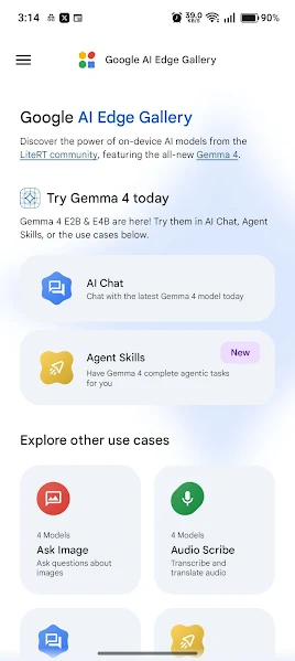 AI Edge Gallery app chat workspace with local AI model